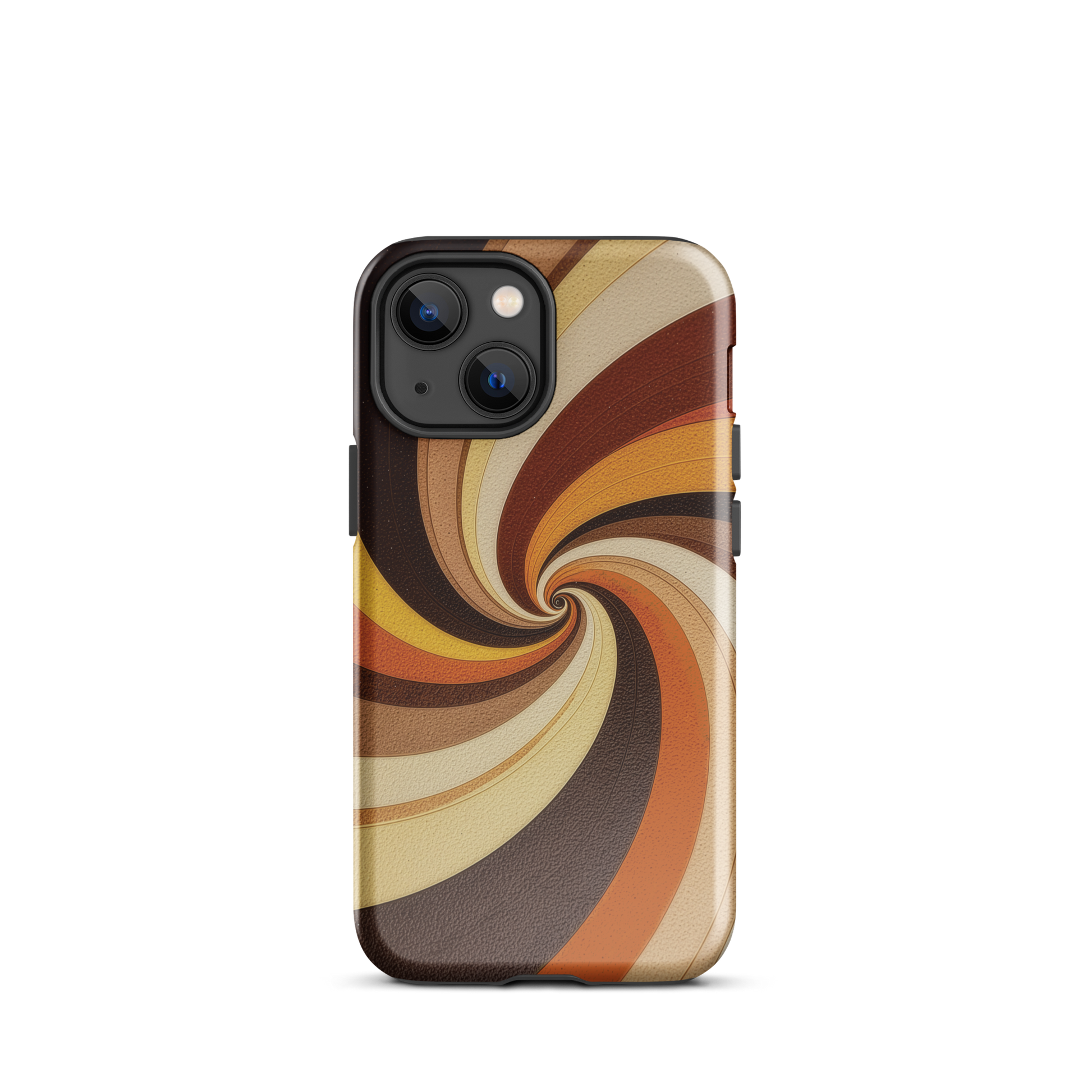 A retro-inspired phone case featuring warm swirling patterns in orange, yellow, and brown tones.