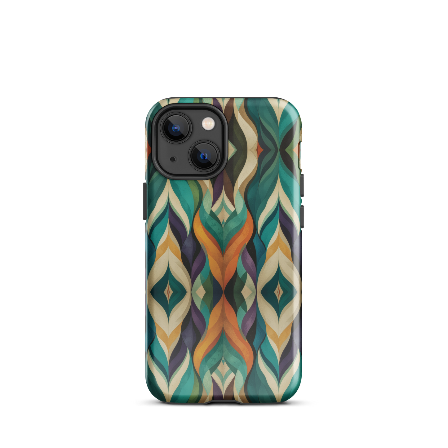 A bold geometric phone case featuring layered shapes in rich, earthy tones.