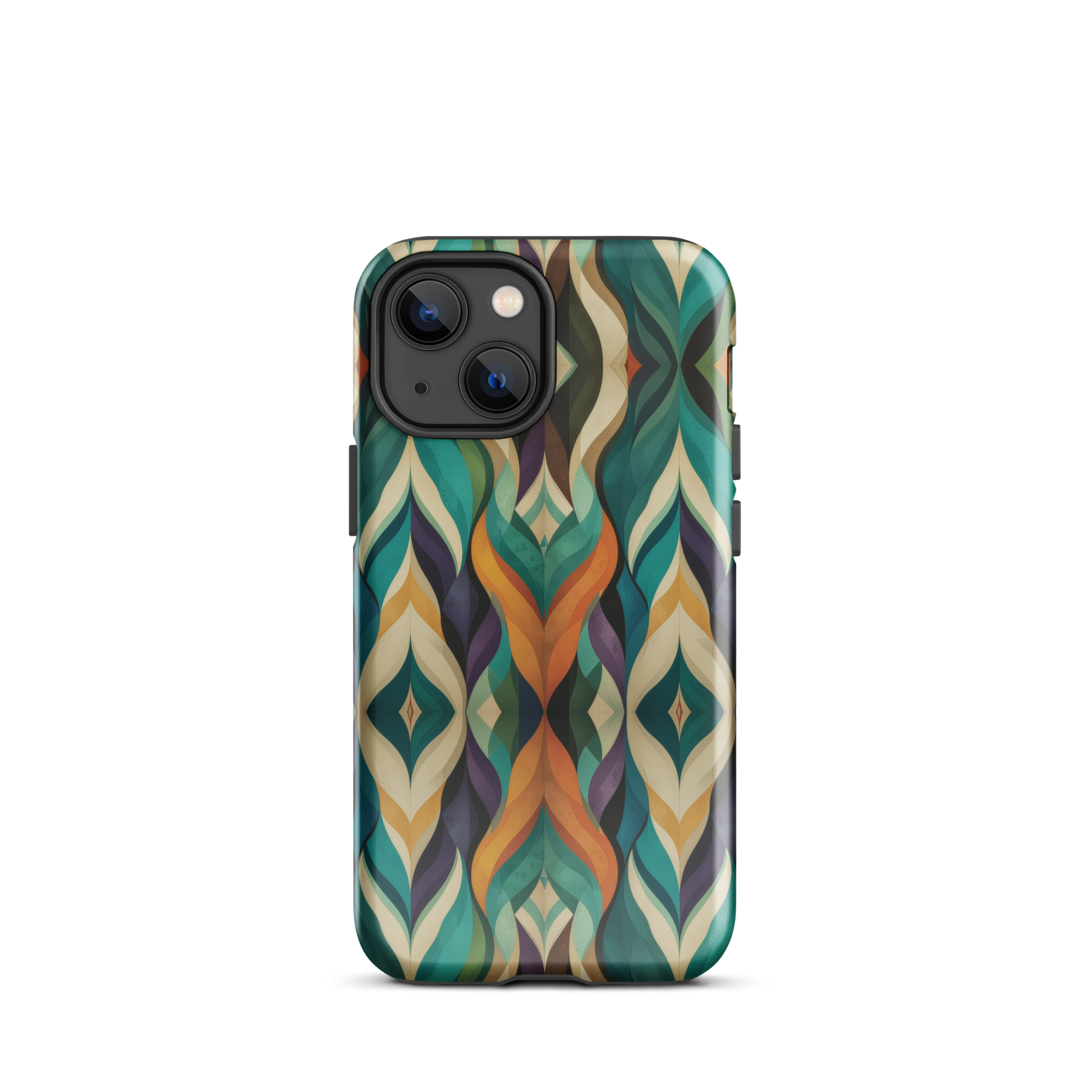 A bold geometric phone case featuring layered shapes in rich, earthy tones.