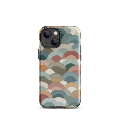 A soft retro-inspired phone case featuring layered arc shapes in warm, earthy tones.