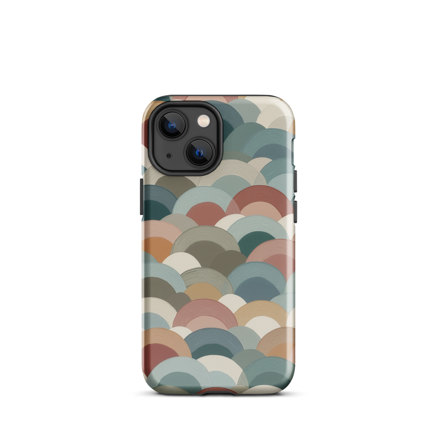 A soft retro-inspired phone case featuring layered arc shapes in warm, earthy tones.