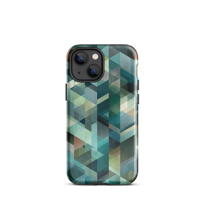 Modern abstract geometric phone case in teal and blue tones with layered retro-inspired shapes.