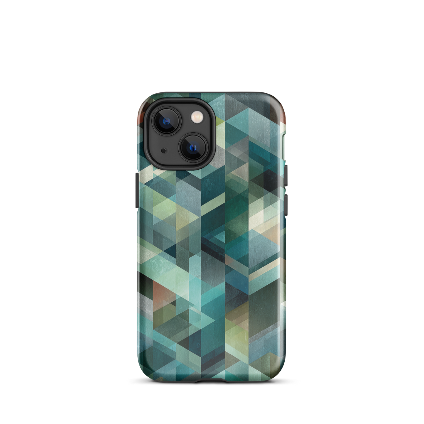 Modern abstract geometric phone case in teal and blue tones with layered retro-inspired shapes.