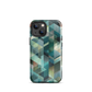 Modern abstract geometric phone case in teal and blue tones with layered retro-inspired shapes.