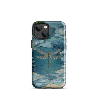 Nature-inspired phone case featuring a dragonfly over calm water with blue and green forest tones.