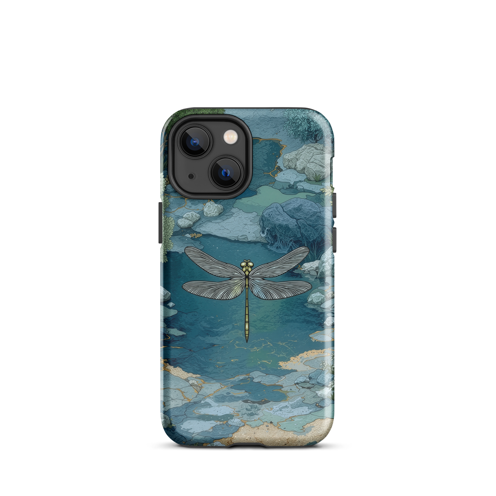 Nature-inspired phone case featuring a dragonfly over calm water with blue and green forest tones.