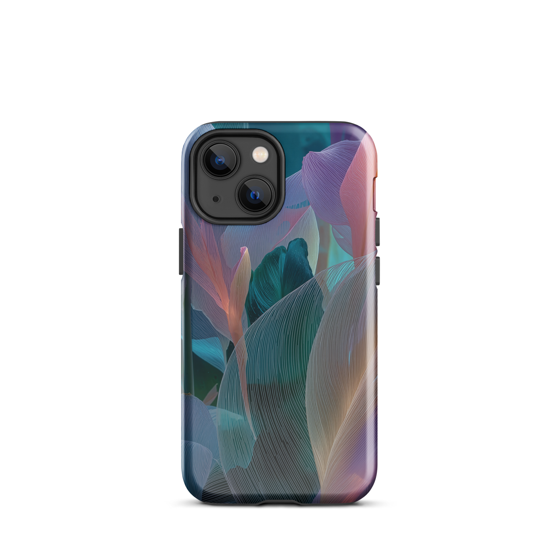 Abstract pastel botanical designer phone case in pink, lilac and teal tones with soft flowing floral textures