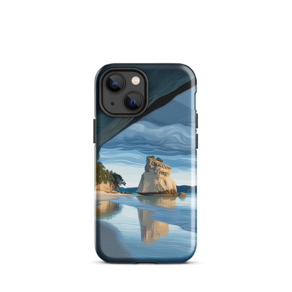 Artistic Cathedral Cove coastal designer phone case with arch rock, blue ocean and golden cliffs