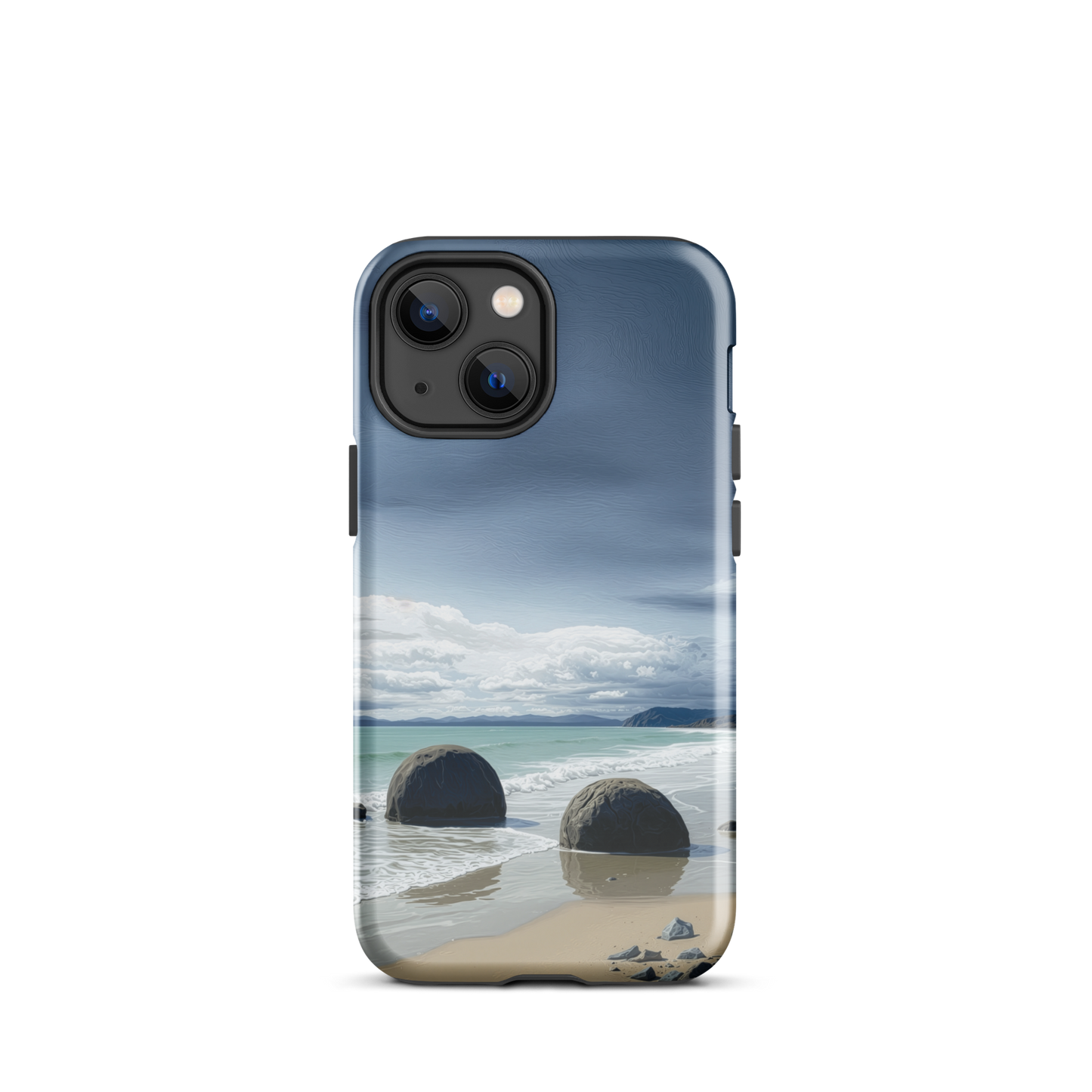 Moeraki Boulders coastal designer phone case with ocean waves and dramatic NZ sky
