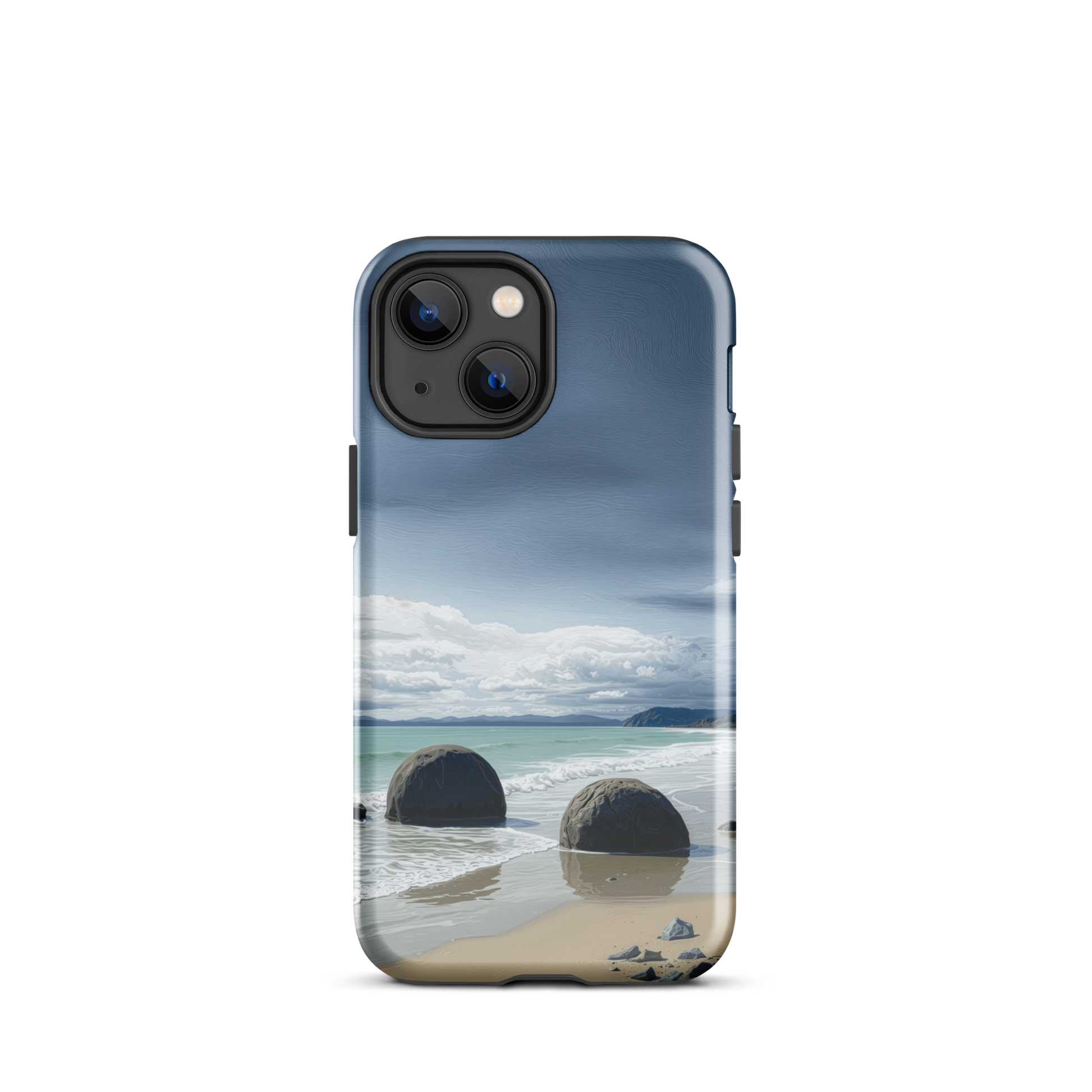 Moeraki Boulders coastal designer phone case with ocean waves and dramatic NZ sky