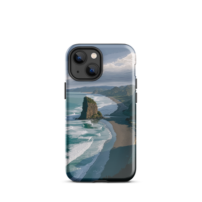 Piha Beach Lion Rock designer phone case with turquoise waves and dramatic NZ coastline