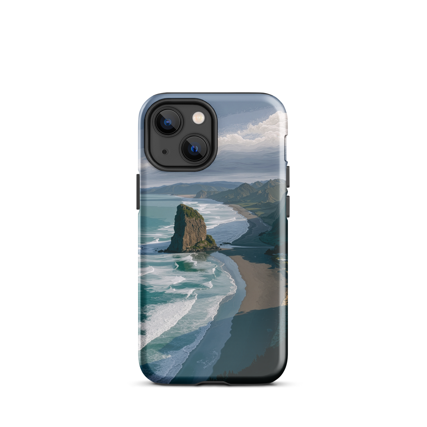 Piha Beach Lion Rock designer phone case with turquoise waves and dramatic NZ coastline
