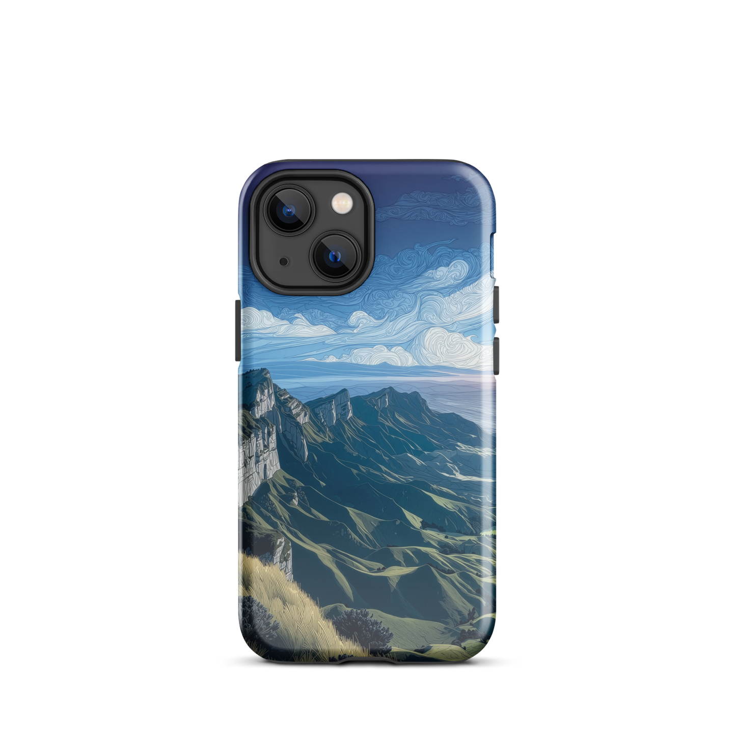 Te Mata Peak designer phone case with Hawke’s Bay cliffs, rolling green hills and dramatic swirling sky
