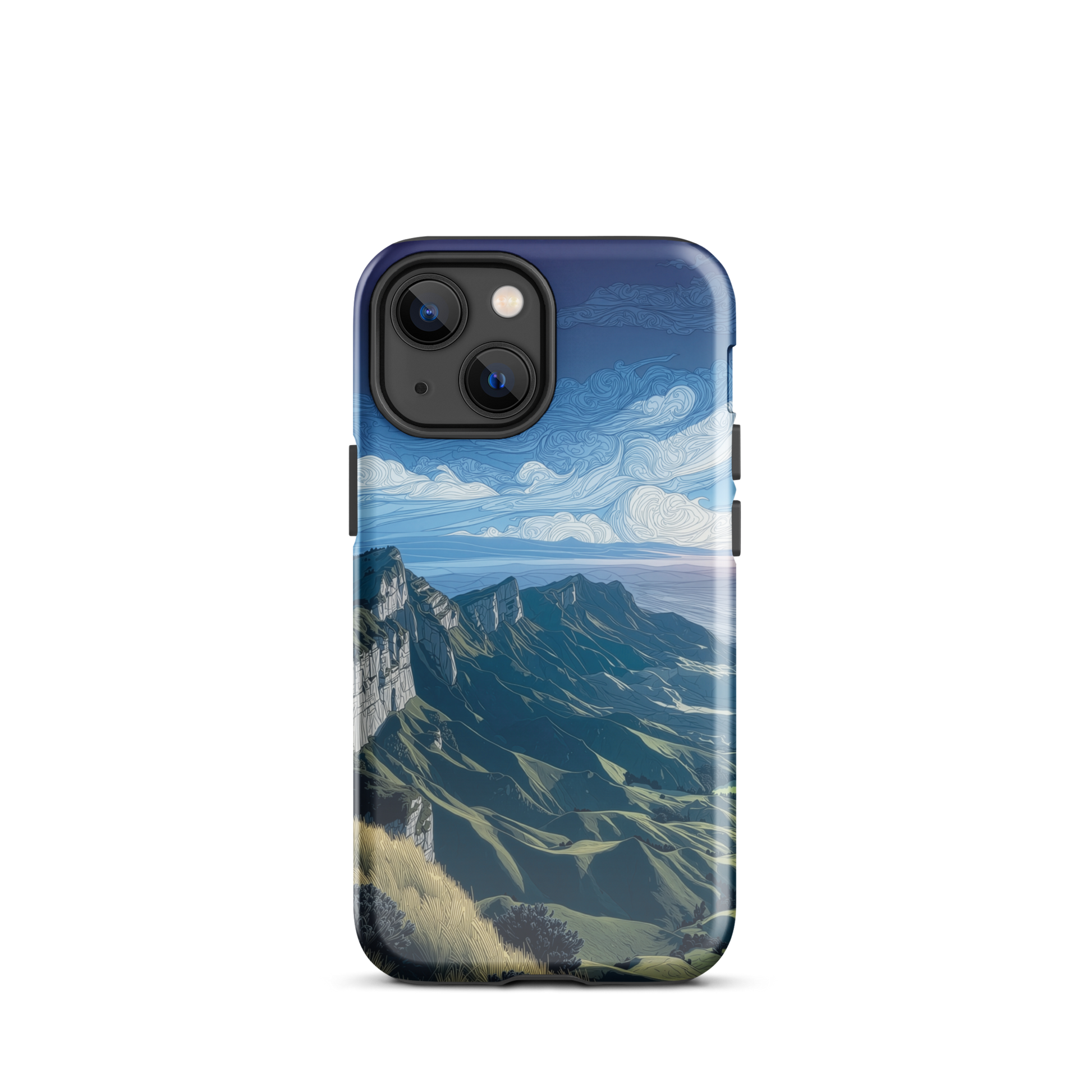 Te Mata Peak designer phone case with Hawke’s Bay cliffs, rolling green hills and dramatic swirling sky