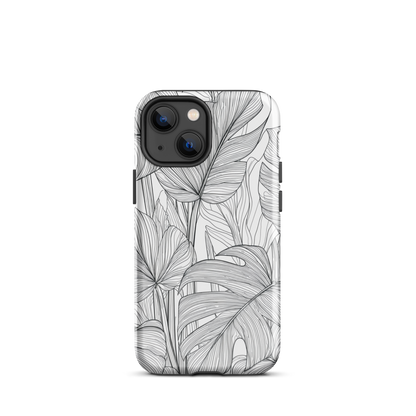 Minimal black and white tropical leaf designer phone case with detailed botanical line art
