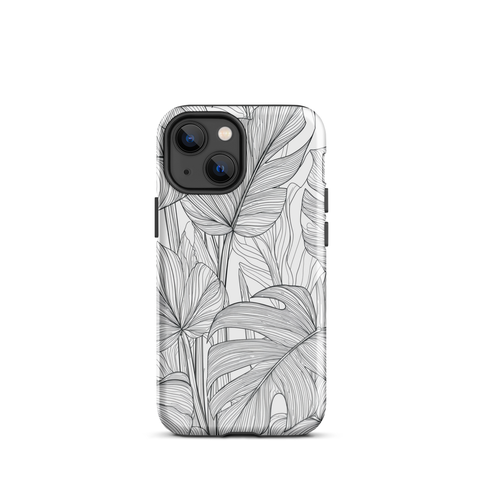 Minimal black and white tropical leaf designer phone case with detailed botanical line art