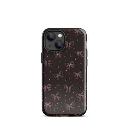 Midnight Bow seamless repeat pattern — pink hand-drawn ribbon bows and sparkle stars on a black background