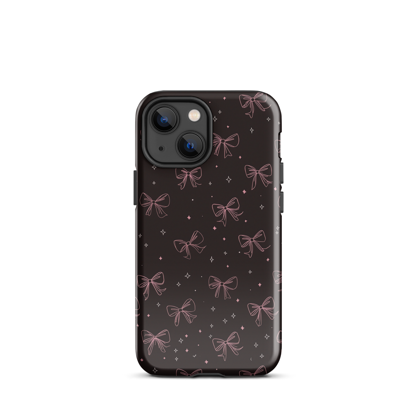 Midnight Bow seamless repeat pattern — pink hand-drawn ribbon bows and sparkle stars on a black background
