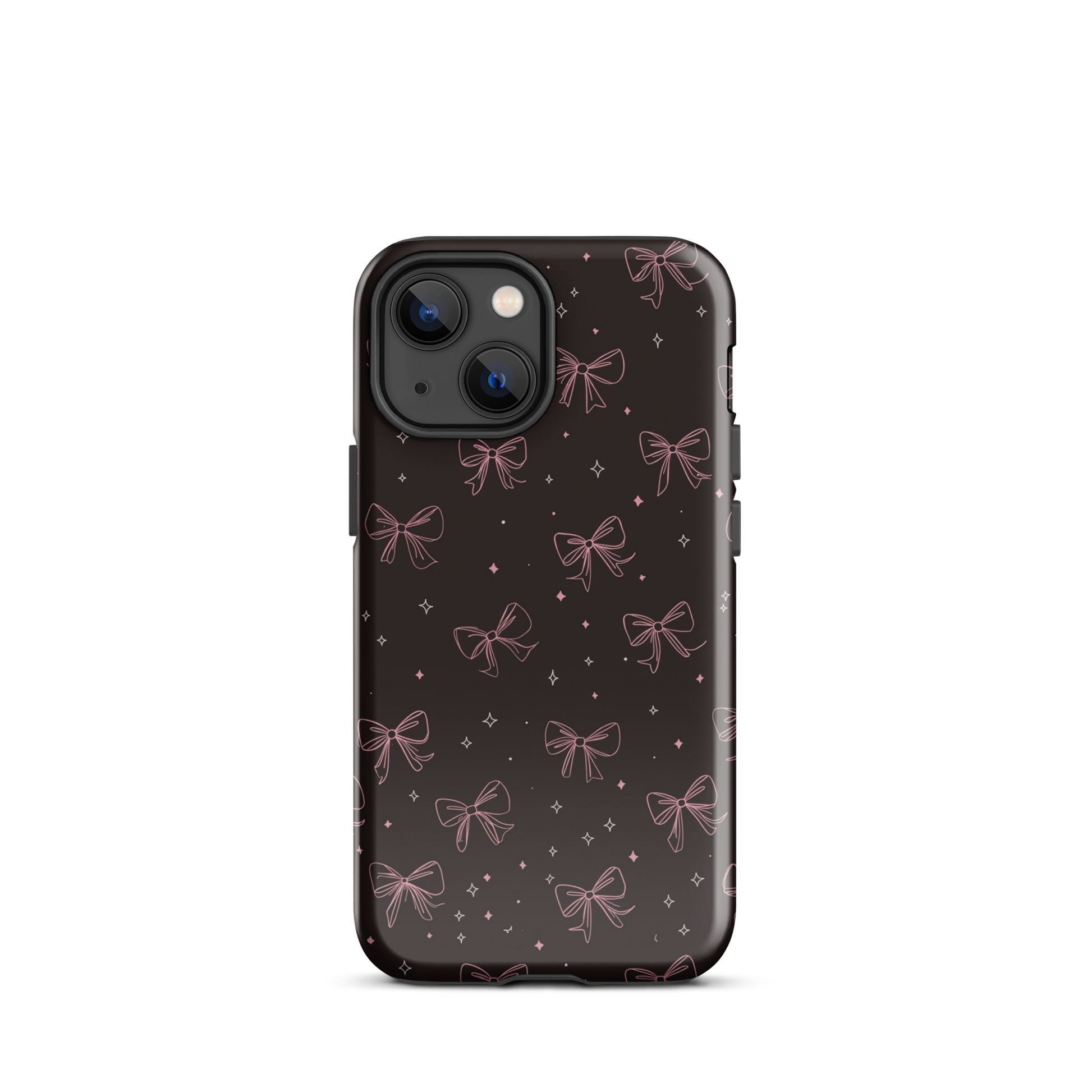 Midnight Bow seamless repeat pattern — pink hand-drawn ribbon bows and sparkle stars on a black background