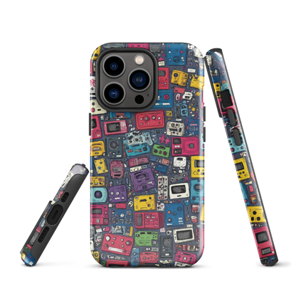 'Arcade' iPhone case, featuring a vibrant collage of hand-drawn controllers in bold, vintage-inspired colours. From electric blue and hot pink to classic black and yellow
