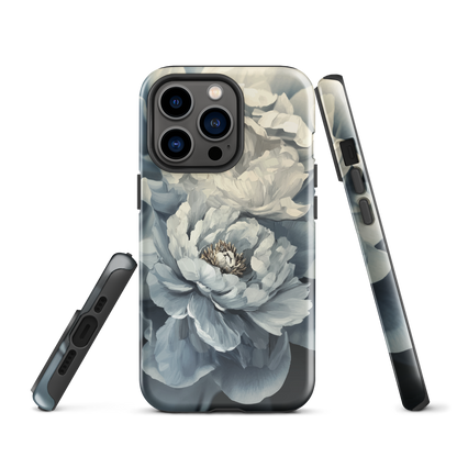 'Whisper' iPhone case features a stunning close-up of softly painted peony blooms in dreamy shades of ivory, grey, and smoky blue.