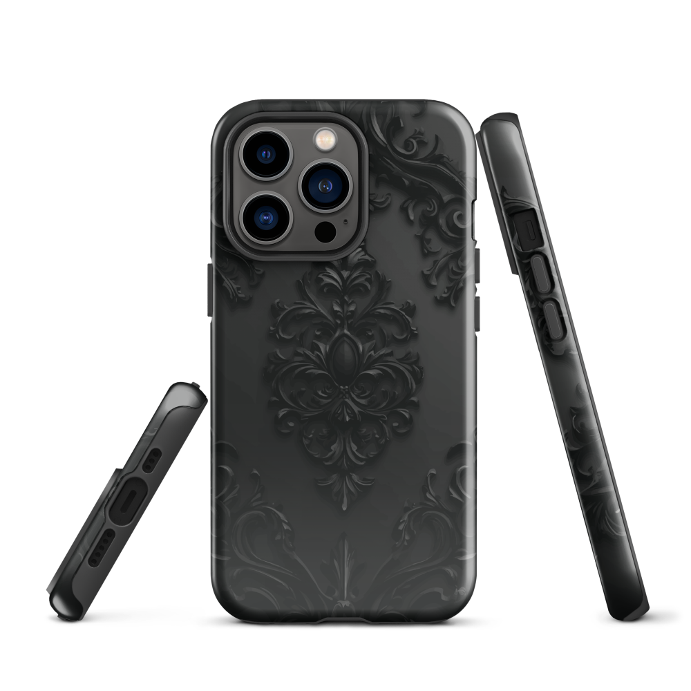 Black embossed damask phone case with gothic baroque pattern.