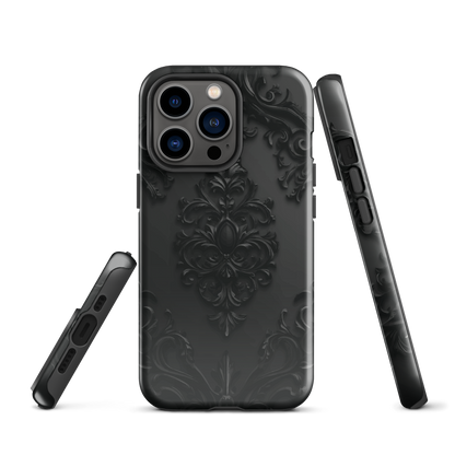 Black embossed damask phone case with gothic baroque pattern.