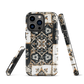 Moroccan tile pattern phone case in black, white, and gold tones with vintage-inspired design.