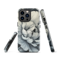 Black and white floral phone case featuring a soft, moody peony design by New Zealand artist Ben Hart.