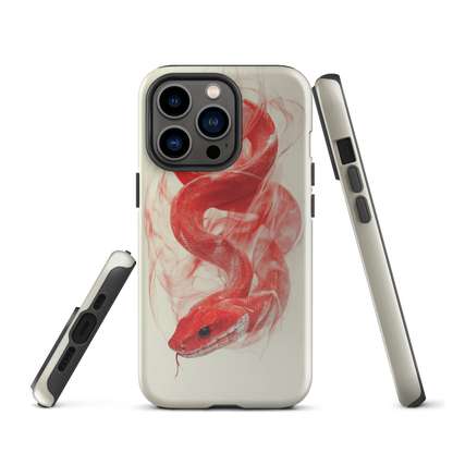 Phone case with red snake design on a cream background, coiled in smoky detail. Bold artwork by NZ designer Ben Hart.