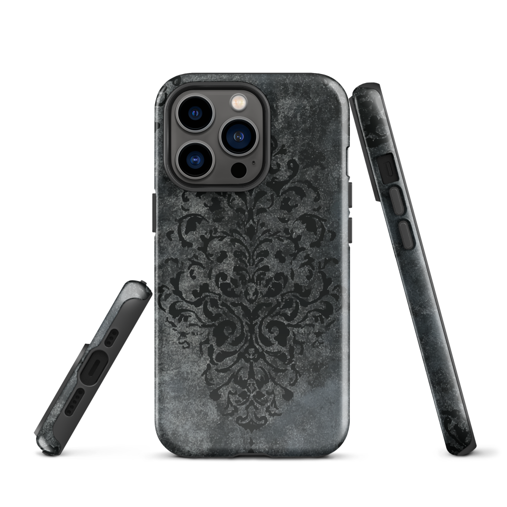 Dark damask patterned phone case with a vintage gothic aesthetic and textured stone background.