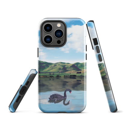 Phone case with a black swan on a calm lake, New Zealand hills in the background. Art by NZ designer Ben Hart.