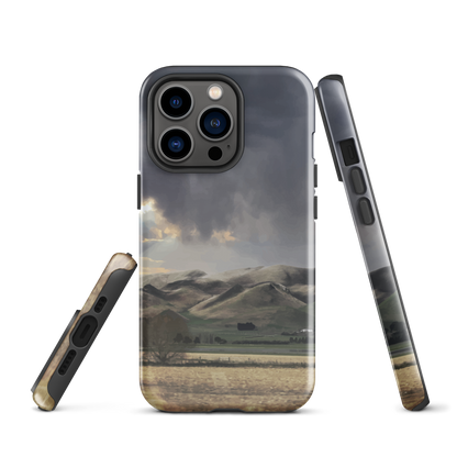 Designer phone case with NZ landscape painting of Te Hauke and cloudy skies by Ben Hart.