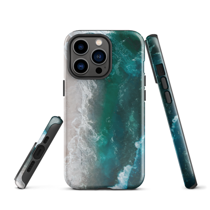 Ocean wave phone case with abstract beach design in teal and white, by NZ artist Ben Hart.