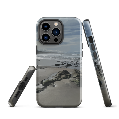 Phone case with artwork of Riversdale Beach, Masterton – rocks, waves and sky by NZ artist Ben Hart.