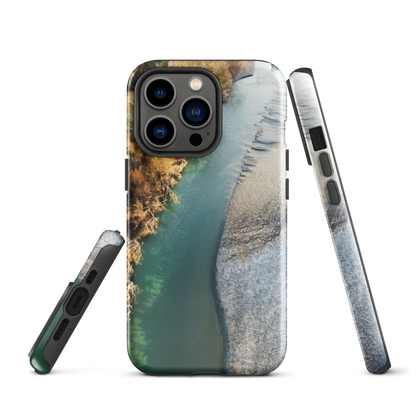 Phone case with aerial riverbend artwork and earthy tones, designed by New Zealand artist Ben Hart.