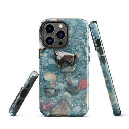 Washed Away designer phone case with abstract river stone artwork in earthy blues and natural tones.