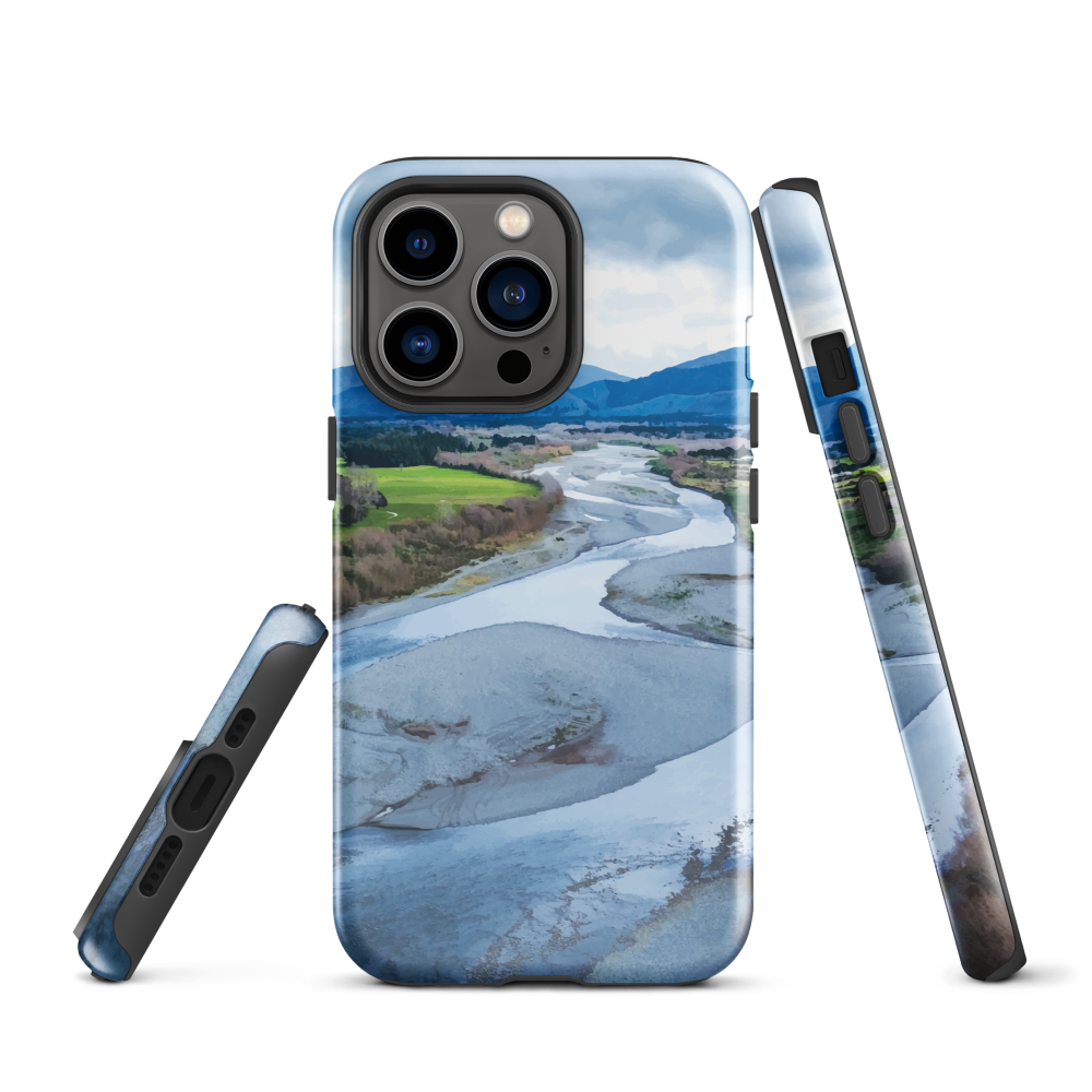 Waiohine phone case featuring artwork of New Zealand’s braided riverbed landscape in the Wairarapa.