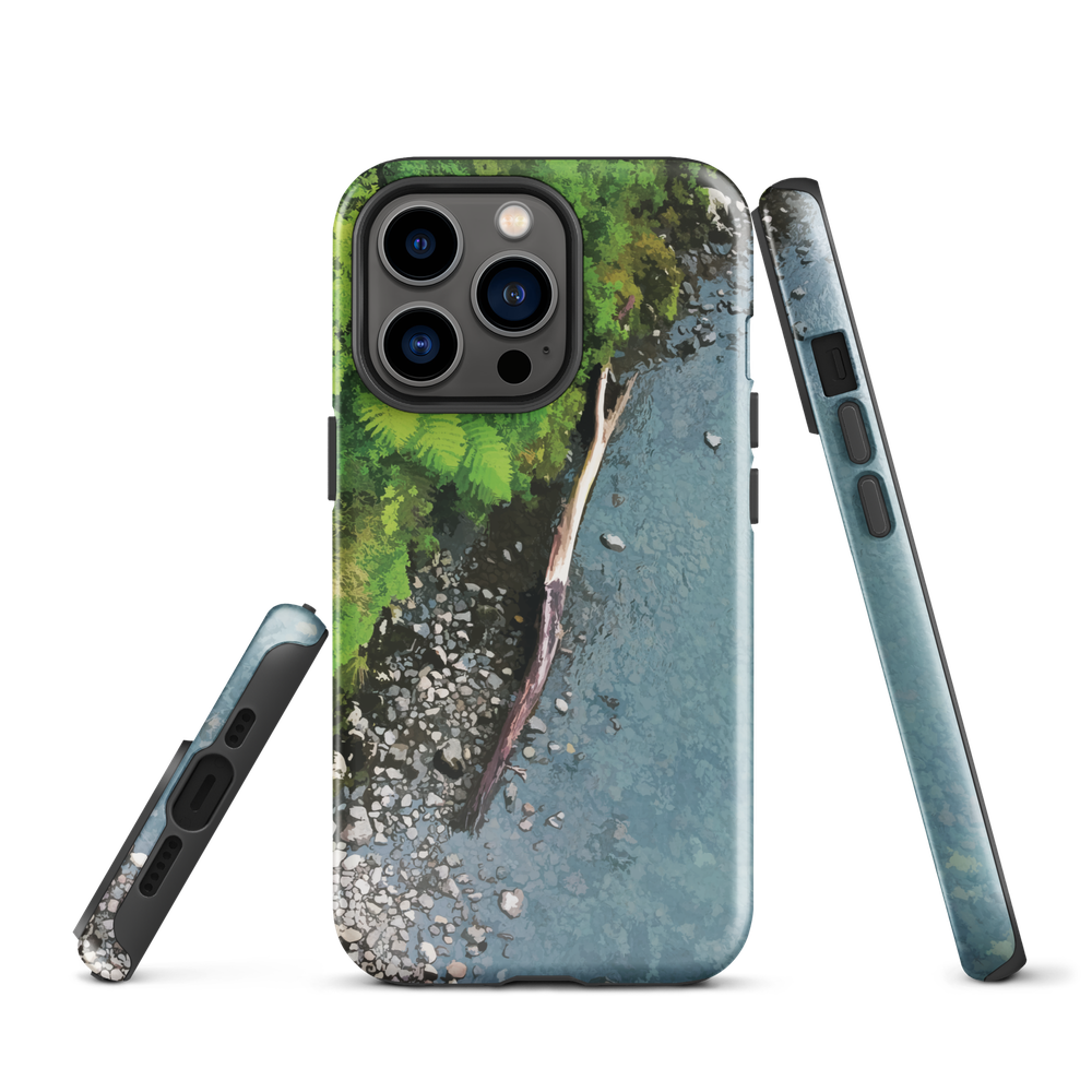 Resting Place phone case with aerial artwork of river rocks, green bush, and driftwood in a New Zealand stream.
