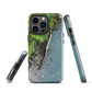 Resting Place phone case with aerial artwork of river rocks, green bush, and driftwood in a New Zealand stream.