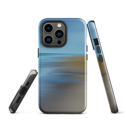 Ocean Breeze phone case with abstract blue and sandy tones inspired by sea and sky.