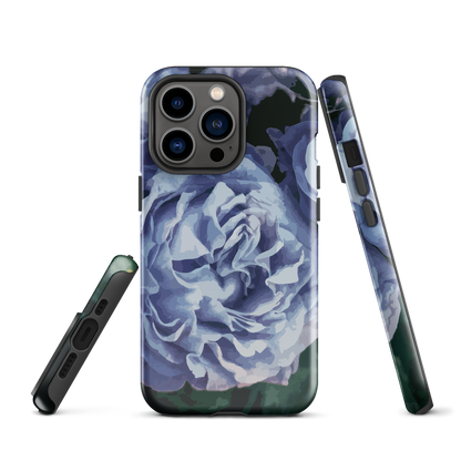 Designer phone case with a bold blue rose artwork and glossy finish.
