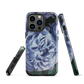 Designer phone case with a bold blue rose artwork and glossy finish.
