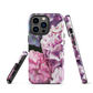 Designer phone case with pink and purple hydrangea floral artwork.