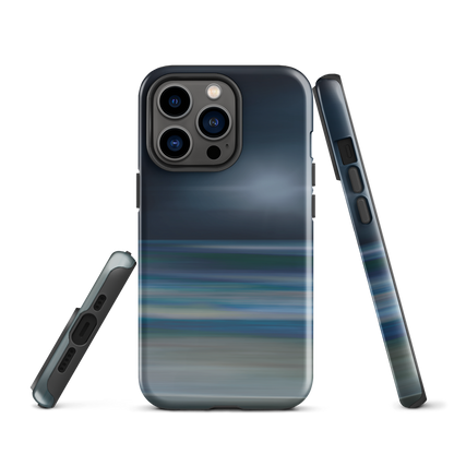 Dark abstract phone case with blue and grey streaks and glossy finish.