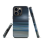 Dark abstract phone case with blue and grey streaks and glossy finish.