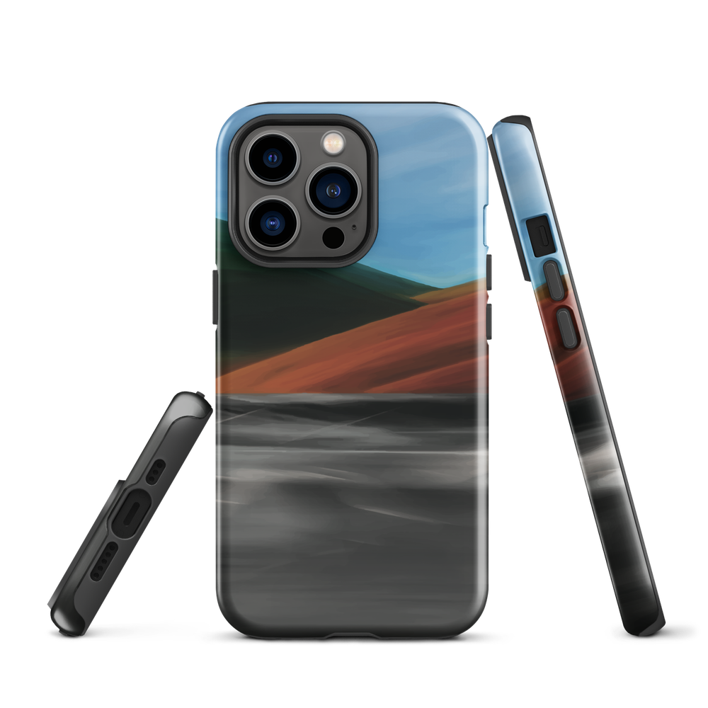 Phone case with abstract red, green, and blue heat wave landscape design.