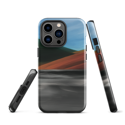 Phone case with abstract red, green, and blue heat wave landscape design.