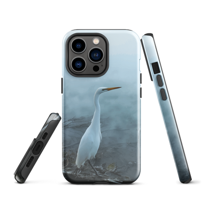 Phone case with a white heron standing in a misty wetland scene.
