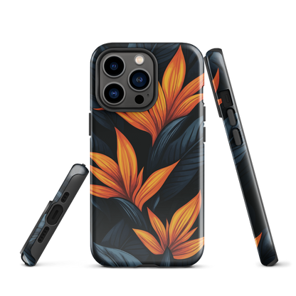 Phone case with bold orange bird of paradise flowers on dark background.